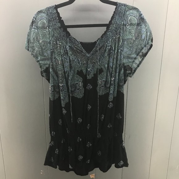 INC teal and black paisley smocked waist peasant top size XL - Picture 1 of 3